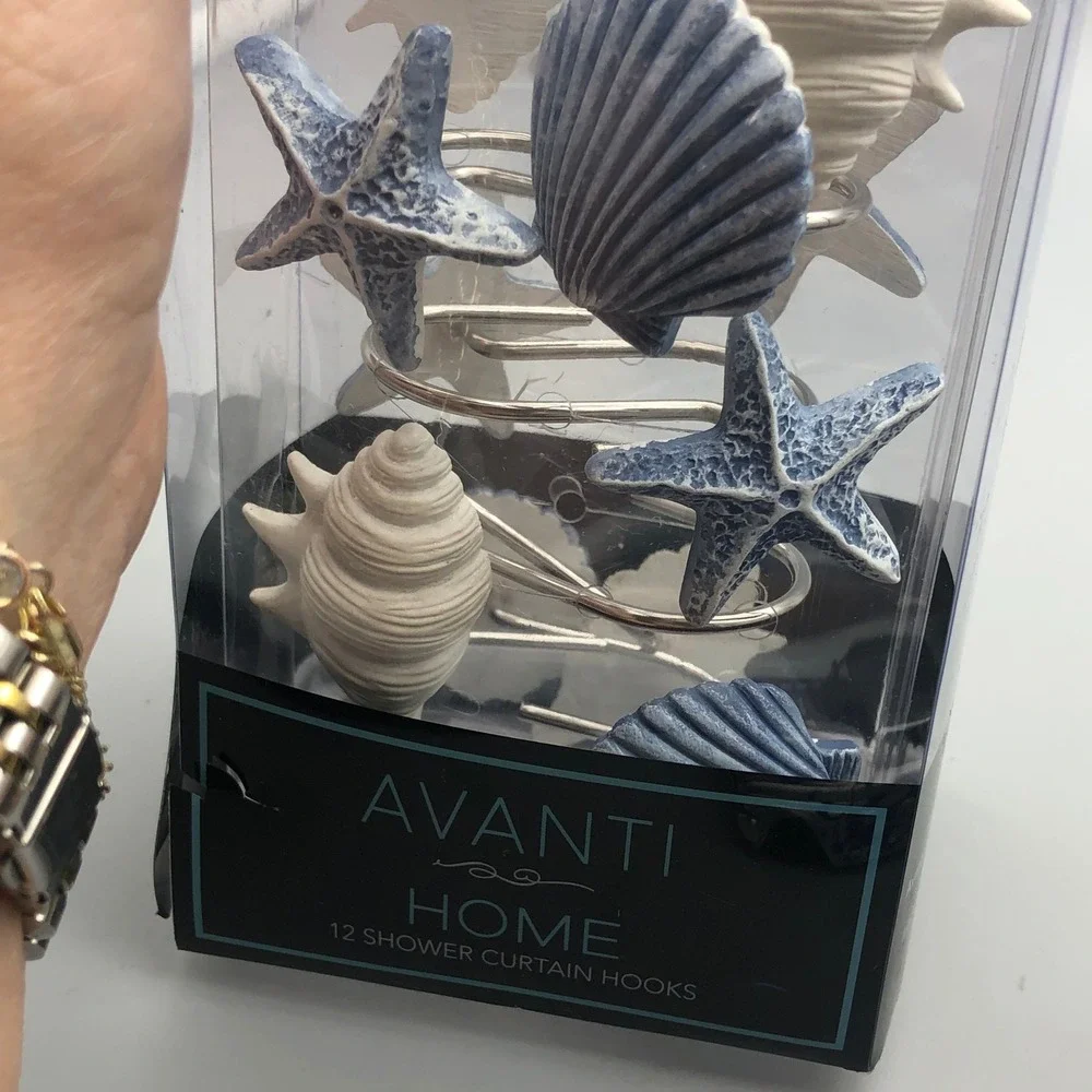Avanti Home Abstract Coastal Shower Curtain Hooks Set of 12 Blue‎ White Beach